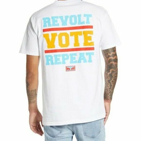 OBEY REVOLT VOTE REPEAT Белая футболка с круглым вырезом из 100 % хлопка с американским рисунком S