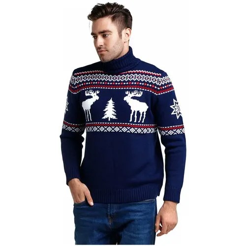 Шерстяной свитер с высоким горлом, скандинавский орнамент с Оленями, натуральная шерсть, индиго цвет, размер L