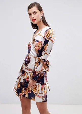 Платье с платочным принтом, запахом и длинным рукавом Unique 21-Мульти