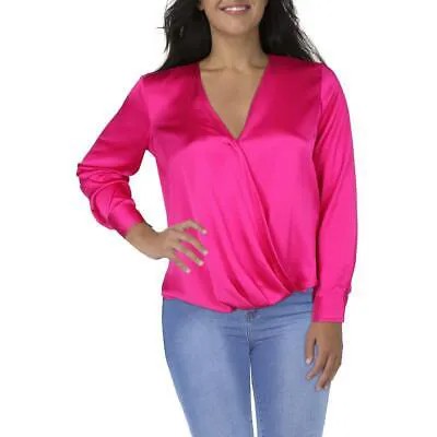 DKNY Женская розовая атласная блузка-рубашка с запахом, топ XL BHFO 9131