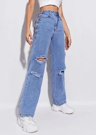 Рваные джинсы с высокой талией и цепочкой