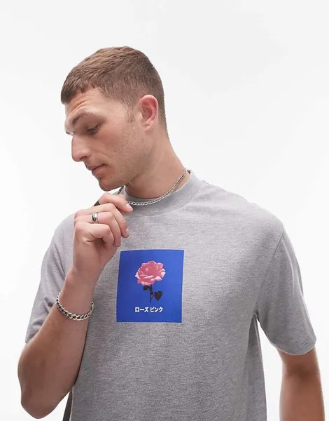 Футболка оверсайз серого меланжа Topman – с японским цветочным узором