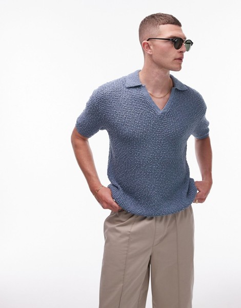 Поло Topman Knitted Cotton Revere, синий