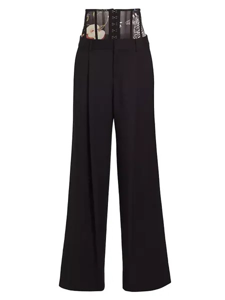 Широкие корсетные брюки из эластичной шерсти со складками Monse, черный