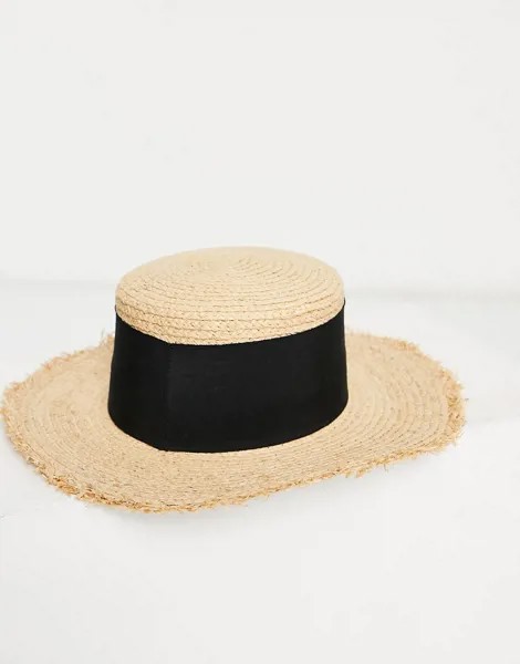 Соломенная шляпа с короткими полями, необработанным краем, широкой лентой и регулятором размера ASOS DESIGN-Коричневый цвет