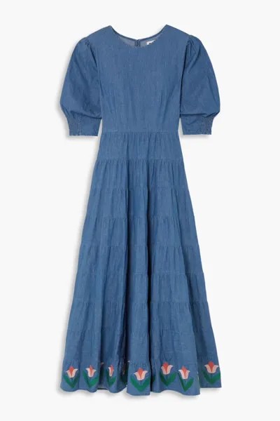 Ярусное платье макси Kristen из хлопка и шамбре с вышивкой Rixo, синий