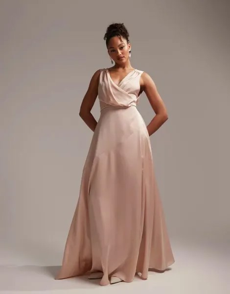 Атласное платье макси с запахом и лифом розового цвета ASOS Bridesmaid