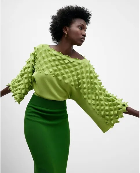 Женский свитер с 3D эффектом и широкими заниженными рукавами Adolfo Dominguez, зеленый