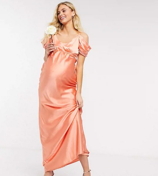 Атласное платье-комбинация мидакси персикового цвета с открытыми плечами Hope & Ivy Maternity Bridesmaid-Розовый