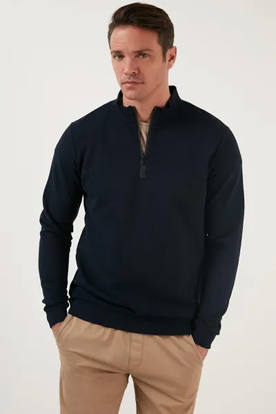 Хлопковый приталенный повседневный свитер с воротником-стойкой и полумолнией 5905400 Buratti, темно-синий
