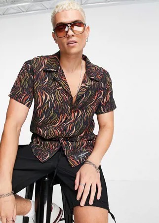 Черная рубашка с короткими рукавами, тропическим принтом и отложным воротником от комплекта Sixth June-Черный цвет