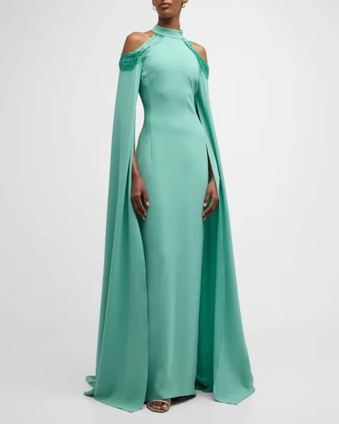 Расшитое бисером платье-кафтан с открытыми плечами и рукавами-накидкой Oscar de la Renta