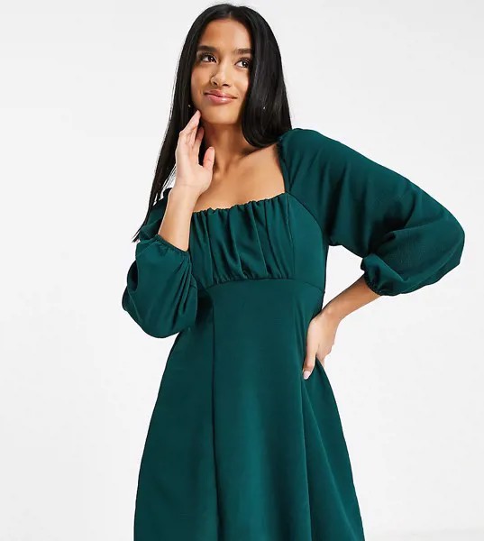Темно-зеленое платье мини с квадратным вырезом и сборками ASOS DESIGN Petite-Зеленый цвет
