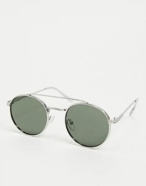 Круглые солнцезащитные очки в серебристой металлической оправе с планкой над переносицей и линзами G15 ASOS DESIGN-Серебристый