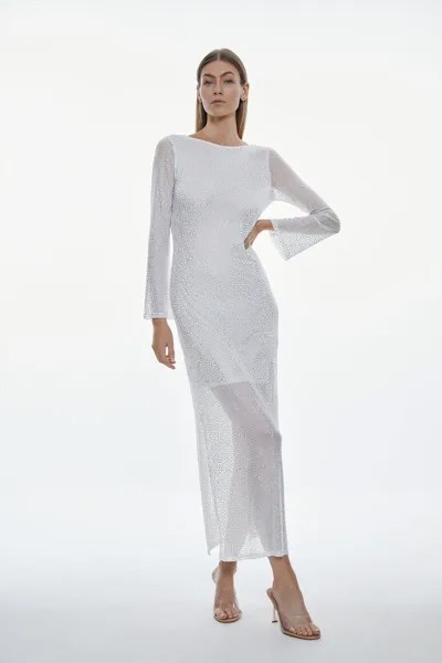 Платье макси из джерси с длинными рукавами и украшением по всей поверхности Karen Millen, белый