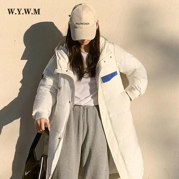 WYWM 2021 Harajuku длинное пальто для женщин Корейская хлопковая Толстая парка с капюшоном парка контрастная уличная Женская куртка
