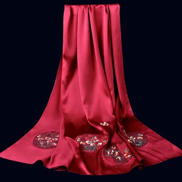 Ханчжоу ручная вышивка натуральный шелковый шарф Для женщин Красный шалей 100% чистого натурального шелка Neckscarf однотонные роскошные шелковые платки Femme