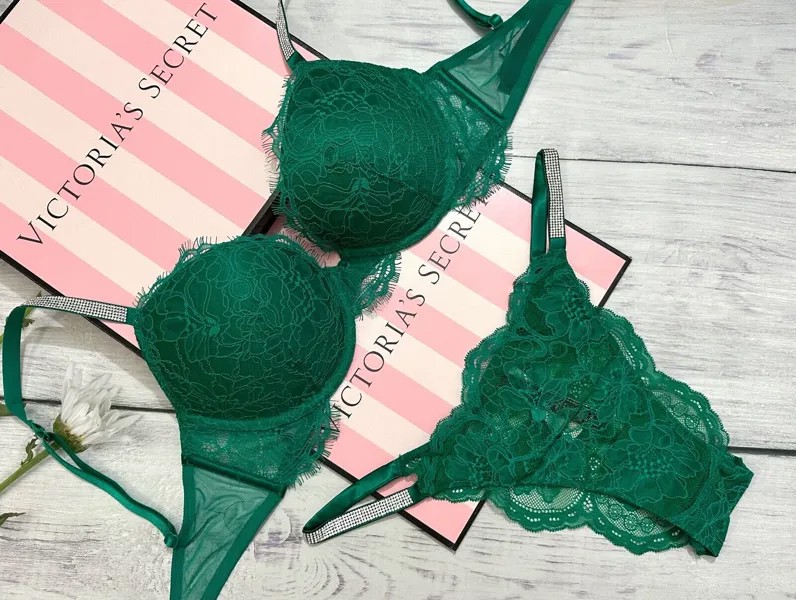 Кружевной бюстгальтер пуш-ап Victorias Secret с блестящими бретельками, бразильский комплект, зеленый