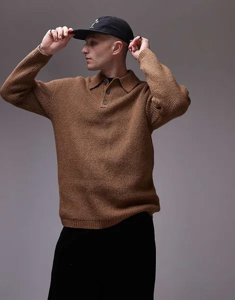 Topman – коричневый вязаный свитер свободного кроя и воротником-поло
