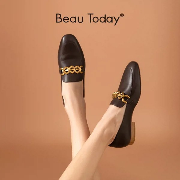 Лоферы BeauToday женские из натуральной коровьей кожи, без застежки, декоративная металлическая цепь, квадратный носок, плоская подошва, ручная ...
