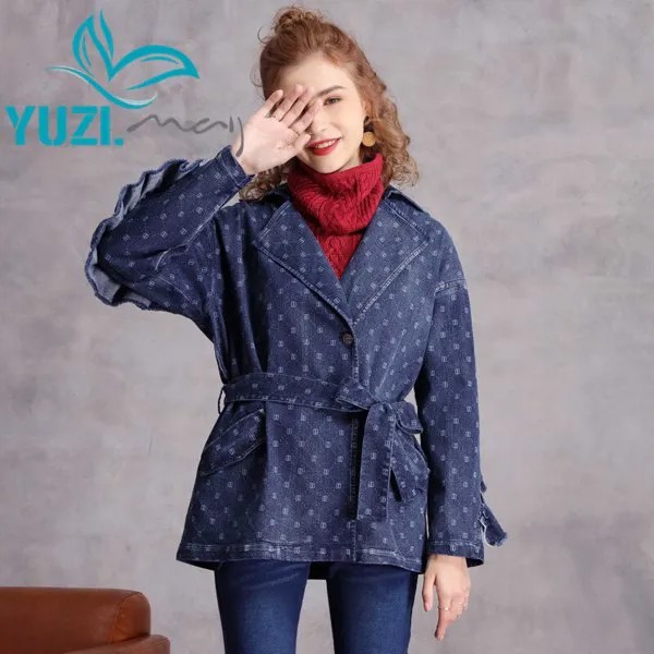 Женская джинсовая куртка Yuzi.may Boho, новинка 2020 года, Женское пальто с отложным воротником, однобортное Свободное пальто с цветочным принтом, B9302