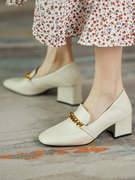 Milanoo Women Loafers Ecru White PU Leather Slip On Square Toe Chains PU Leather Chunky Heel Casual