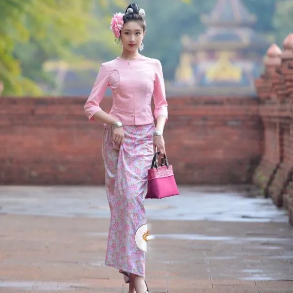 Традиционный таиландский костюм для женщин, топы, блузка, длинная юбка, розовая Этническая одежда в юго-восточном азиатском стиле, тайское платье дай