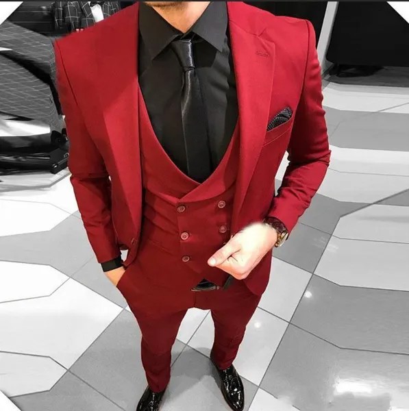 Красный смокинг жениха 3 предмета Slim Fit Мужские свадебные вечерние костюмы Повседневное мужской костюмы обувь, изготавливаемая на заказ роз...