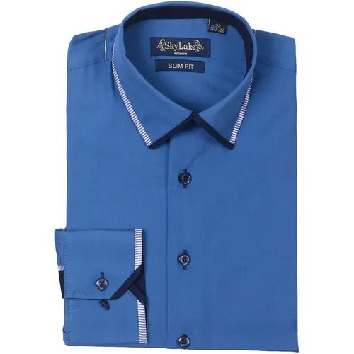 Школьная рубашка Sky Lake, прилегающий силуэт, на пуговицах, манжеты, в полоску, размер 34/146, синий