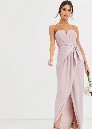 Платье-бандо макси с запахом и атласной отделкой TFNC Bridesmaid-Коричневый цвет