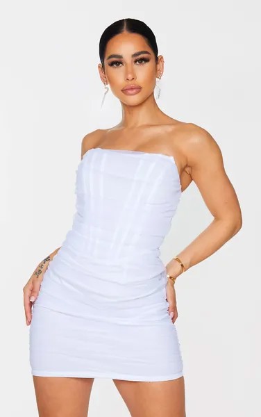 PrettyLittleThing Белое облегающее платье со складками и корсетом в форме сетки