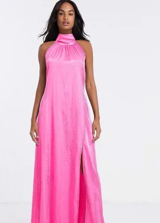 Эксклюзивное розовое платье макси с высоким воротником Flounce London-Розовый цвет
