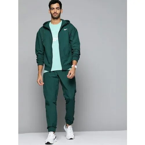 Костюм Reebok, олимпийка и брюки, силуэт свободный, капюшон, карманы, размер L, зеленый