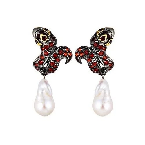 Серьги с подвесками ELEMENT47, серебро, 925 проба, жемчуг, гранат, , красный