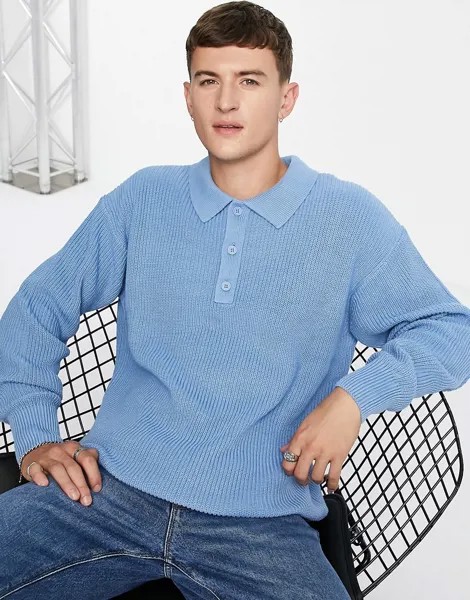 Синий трикотажный лонгслив-поло в стиле oversized Topman-Голубой