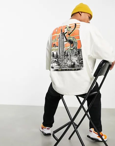 Светлая oversized-футболка с принтом динозавра в стиле аниме на спине ASOS DESIGN-Белый