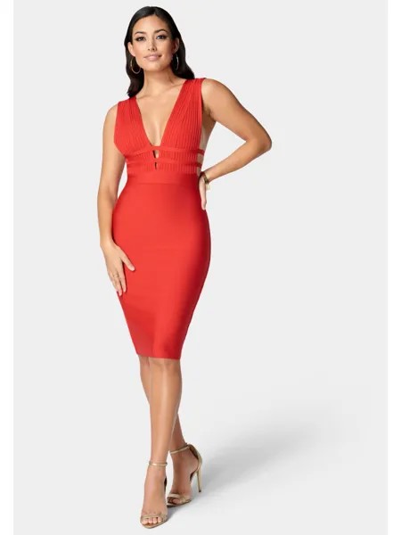 BEBE женское красное бандажное платье длиной до колена с v-образным вырезом, коктейльное облегающее платье S