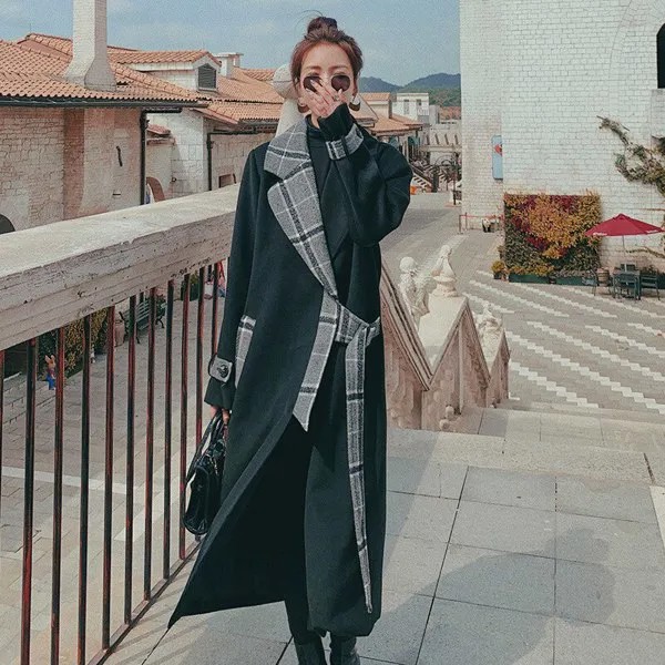 Женское шерстяное пальто, длинное зимнее пальто в клетку в Корейском стиле, Повседневная индивидуальная Женская Толстая свободная модная прямая куртка