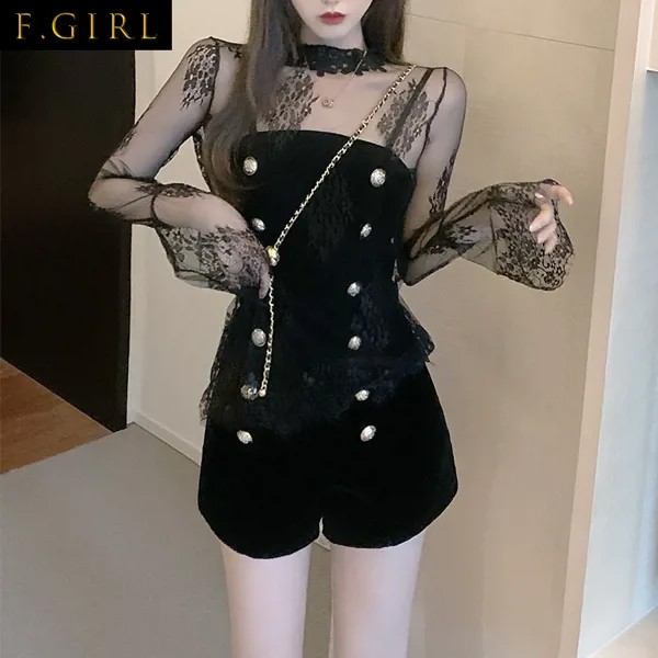 Комплект из двух предметов для девочек Gagaok High Street, кружевная рубашка с воротником-стойкой, облегающий шикарный комбинезон на пуговицах, корейские комплекты из 2 предметов, сексуальный топ