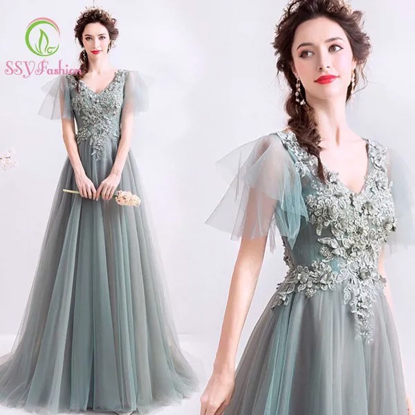 Женское вечернее платье SSYFashion, с v-образным вырезом, расклешенными рукавами, длиной до пола, серого и зеленого цвета