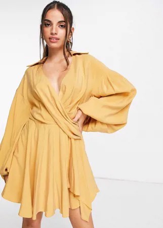 Платье-рубашка мини с драпировкой, из купро, ASOS DESIGN-Желтый
