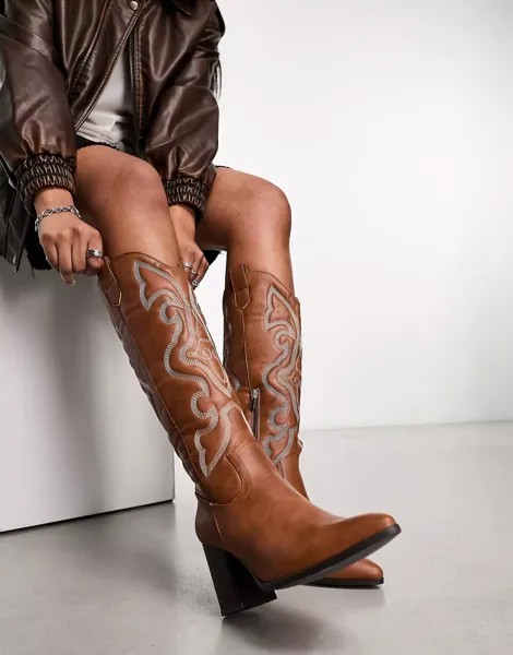 Сапоги Glamorous Western Heeled Knee, коричневый
