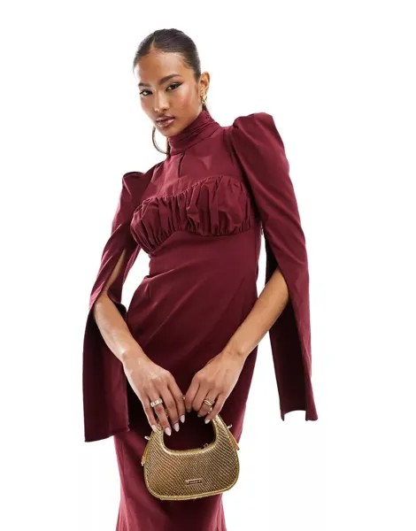 Бордовое структурированное платье макси со сборками на груди Daska