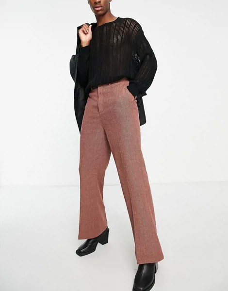 Расклешенные строгие брюки рыжего цвета из смесовой шерсти с узором 