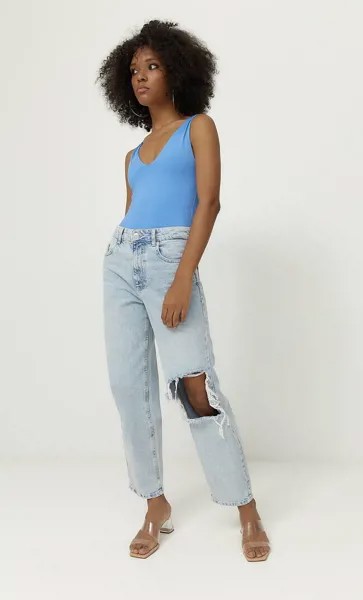 Stradivarius Боди Из Полиамида С V-Образным Вырезом Синий Xl