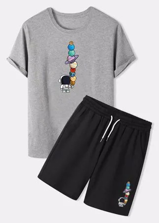 Мужские Colorful Planet Astronaut Print Crew Шея Повседневные короткие костюмы из двух предметов