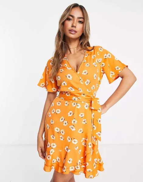 Чайное платье миди с квадратным вырезом и пышными рукавами In The Style x Jac Jossa с оранжевым ромашочным принтом