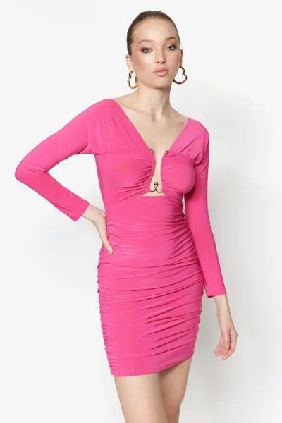 Элегантное вечернее платье фуксии с трикотажными аксессуарами Trendyol, розовый