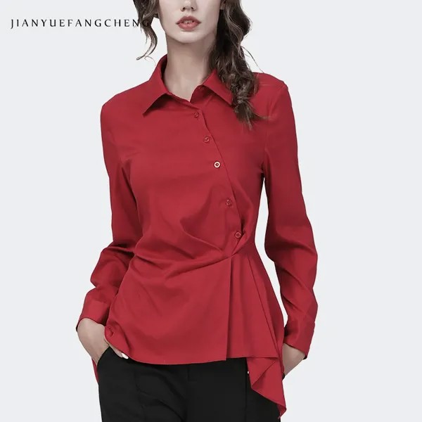 Шикарная Женская Асимметричная рубашка с длинным рукавом и отложным воротником, однотонная приталенная туника, топ, осень 2021, офисная блузк...