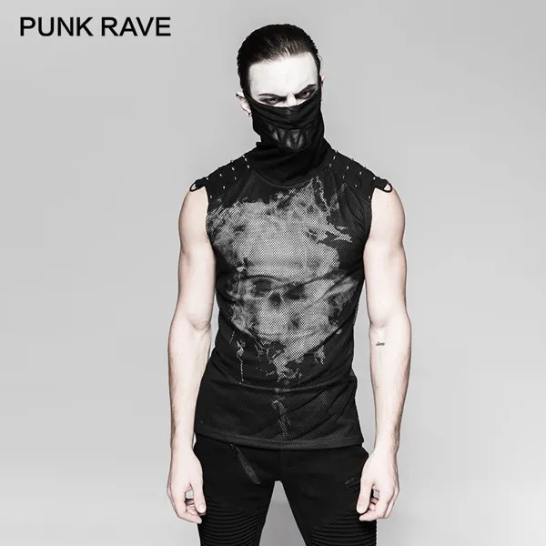 Панк RAVE PUNK Череп 3D цифровая печать Ghost Teeth футболка с высоким воротником с заклепками на плечах прозрачные безрукавки топы футболки